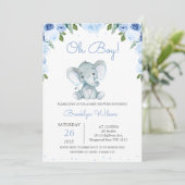 Invitation Le Baby shower d'éléphant floral bleu du garçon (Debout devant)