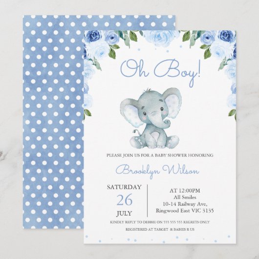 Invitation Le Baby shower d'éléphant floral bleu du garçon (Devant / Derrière)