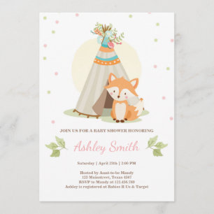 Invitation Le baby shower des bois envahit Fox Teepee Girl ro