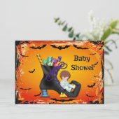 Invitation Le Baby shower d'Halloween sur la sorcière de bonb (Debout devant)