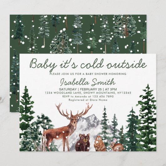 Invitation Le Baby shower d'hiver des animaux des bois (Devant / Derrière)