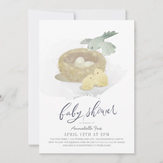 Invitation Le Baby shower du Garçon bleu nid (Devant)