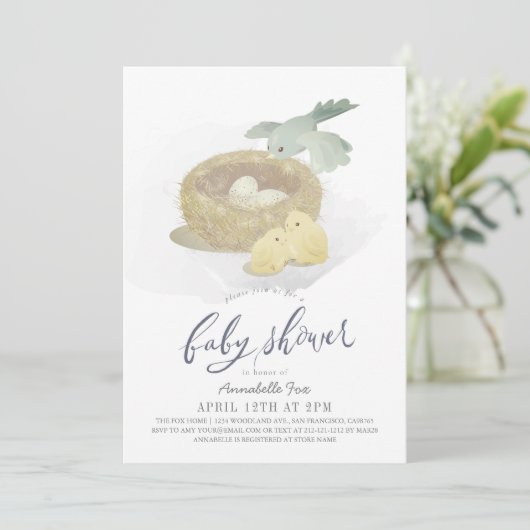 Invitation Le Baby shower du Garçon bleu nid (Debout devant)