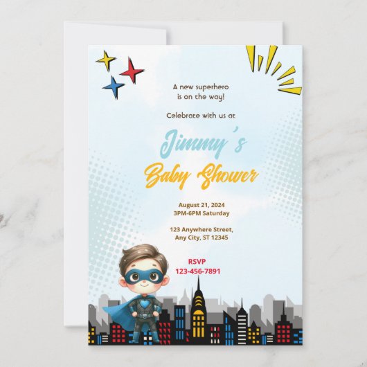 Invitation Le Baby shower du petit Superhero (Devant)