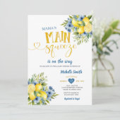 Invitation Le Baby shower floral bleu citron de Mama (Debout devant)