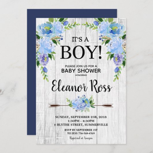 Invitation Le baby shower floral bleu rustique fleurit le (Devant / Derrière)