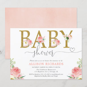 Invitation Le baby shower floral de fille, rougissent or rose