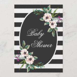 Invitation Le Baby shower floral moderne Black White Stripes