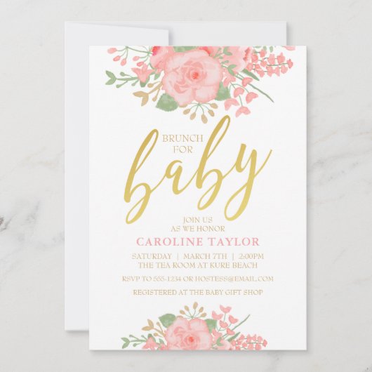 Invitation Le baby shower floral rougissent or rose (Devant)