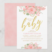 Invitation Le baby shower floral rougissent or rose (Devant / Derrière)