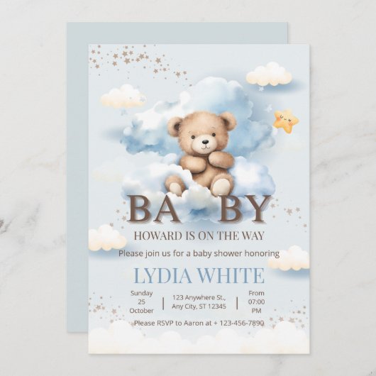 Invitation Le Baby shower Ours En Teddy Modifiable Peut Atten (Devant / Derrière)