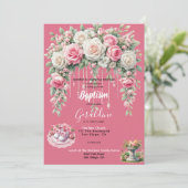 Invitation Le baptême de la fille rose florale (Debout devant)