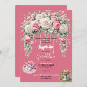 Invitation Le baptême de la fille rose florale (Devant / Derrière)