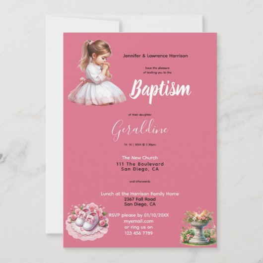 Invitation Le Baptême de la fille rose personnalisée (Devant)