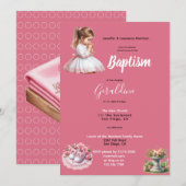 Invitation Le Baptême de la fille rose personnalisée (Devant / Derrière)