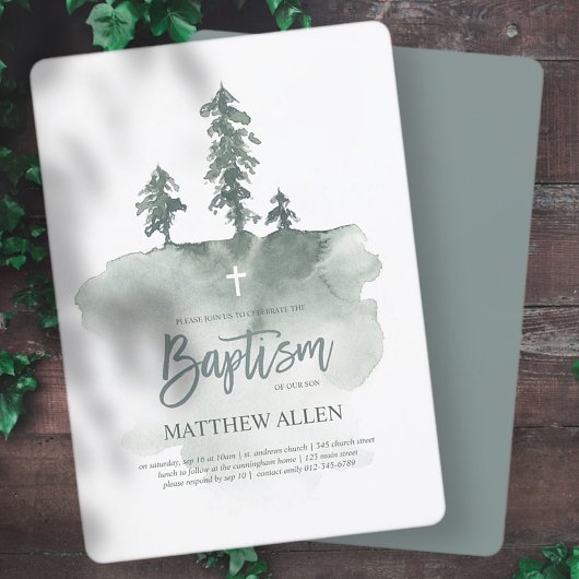 Invitation Le Baptême Pour Lui | Aquarelle Pine Arbres