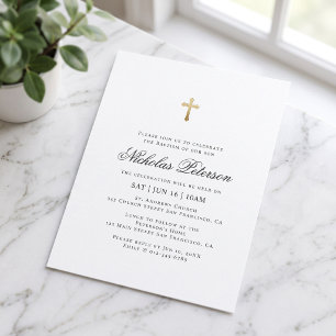 Invitation Le Baptême Pour Lui Croix d'or minimaliste