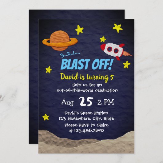 Invitation Le bateau de Rocket de fête d'anniversaire de (Devant / Derrière)