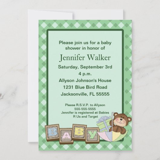 Invitation Le bébé bloque le baby shower - vert (Devant)