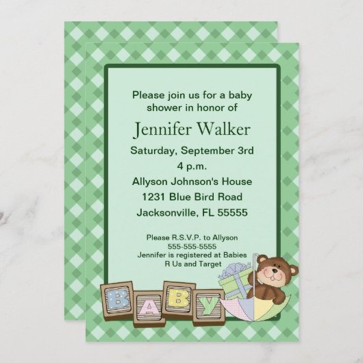Invitation Le bébé bloque le baby shower - vert (Devant / Derrière)