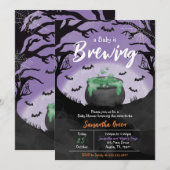 Invitation Le bébé brasse le Baby shower d'Halloween violet (Devant / Derrière)