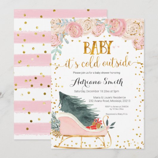 Invitation Le bébé en traîneau d'hiver rose, sa douche froide (Devant / Derrière)