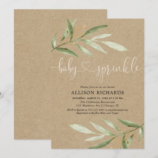 Invitation Le bébé rustique neutre de verdure de papier (Devant / Derrière)