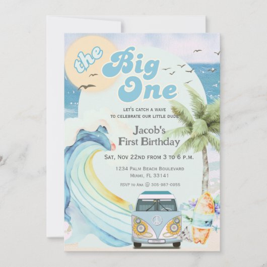 Invitation Le Big One Blue Retro Surfing premier anniversaire (Devant)