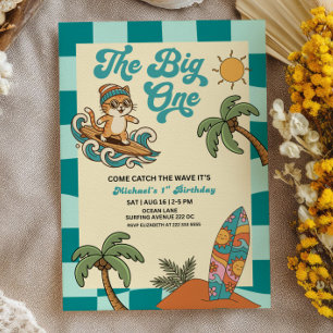 Invitation Le Big One Surfeur Chat à Carreaux 1er Anniversair