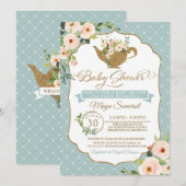 Invitation Le bleu de turquoise de thé rougissent baby shower (Devant / Derrière)