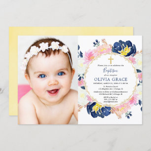 Invitation Le bleu marine rougissent photo florale rose de