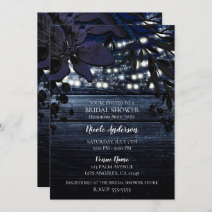 Invitation Le bois rustique floral bleu-foncé allume la Fête