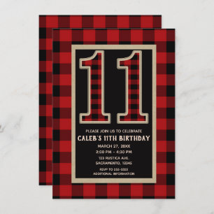 Invitation Le buffle rouge rustique noir plaid 11e anniversai