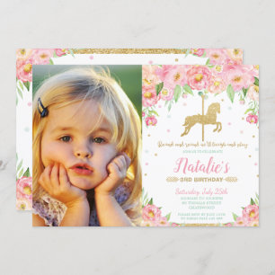 Invitation Le carrousel rose floral 1er anniversaire avec pho