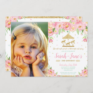 Invitation Le carrousel rose floral 1er anniversaire avec pho