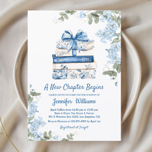 Invitation le chapitre commence, livres à ruban bleu floral b