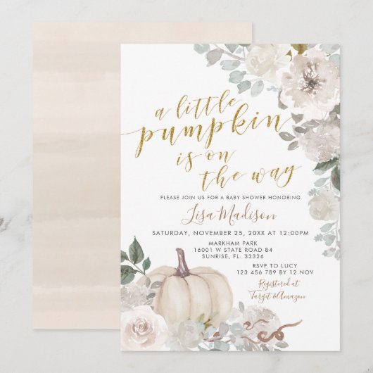 Invitation Le Citrouille d'aquarelle blanche en ivoire est en (Devant / Derrière)