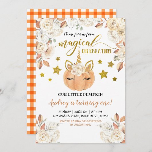 Invitation Le Citrouille de licorne florale blanche devient u (Devant / Derrière)