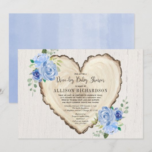 Invitation Le coeur rustique du garçon baby shower floral ble (Devant / Derrière)