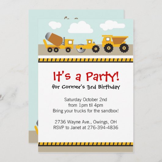 Invitation Le contruction de garçons troque l'invitation (Devant / Derrière)