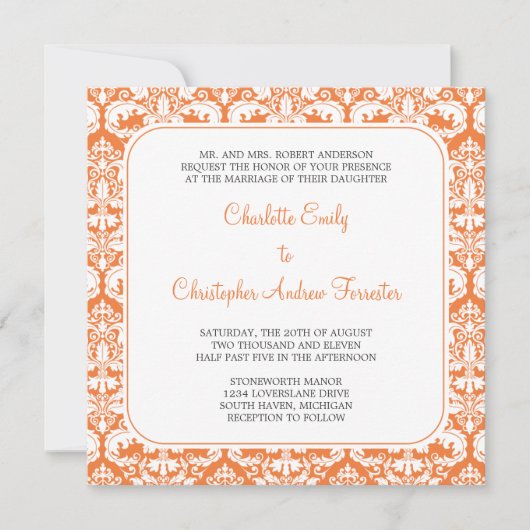 Invitation Le corail d'invitation de mariage damassé s'est (Devant)