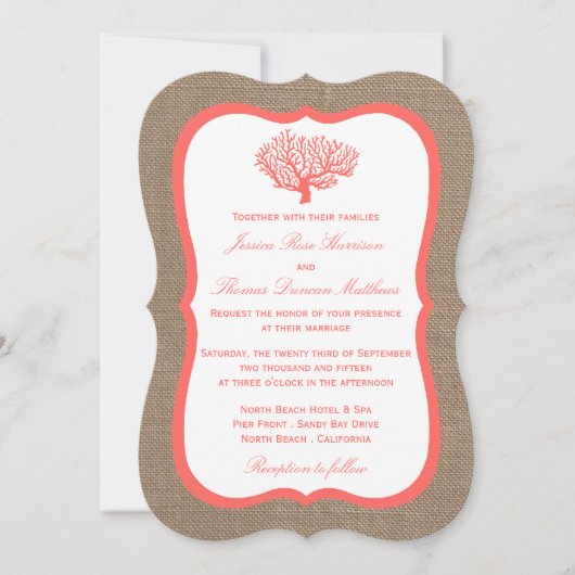 Invitation Le Corail Sur Burlap Boho Beach Wedding Collection (Devant)