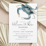 Invitation Le crabe bleu aquarelle Bienvenue au dîner sur la<br><div class="desc">Idéal pour un dîner de répétition mariage le long de la côte, ce design présente un crabe bleu dans le coin supérieur aux aquarelles vives. Le jumelage de texte d'invitation est moderne avec une élégance décontractée qui est à la fois de bon goût et hospitalier. Personnalisez le modèle de texte...</div>