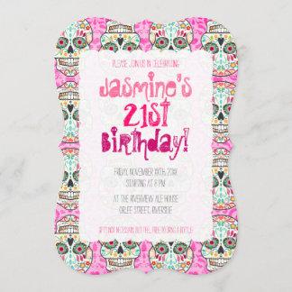 Invitation Le crâne de sucre Feliz Muertos sur le Damas rose