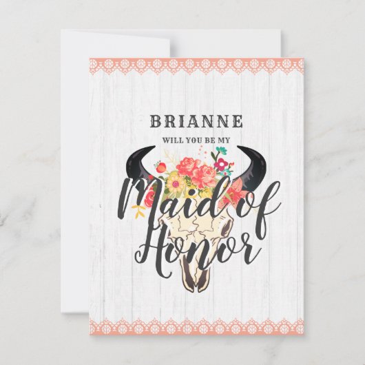 Invitation Le crâne de vache chic Boho sera-tu ma servante d' (Devant)