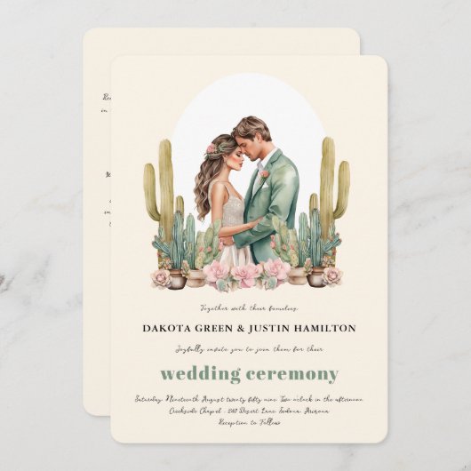 Invitation Le désert de Boho Cactus en un seul Mariage (Devant / Derrière)