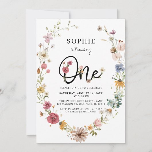 Invitation Le fleur sauvage devient une fille de 1er annivers (Devant)