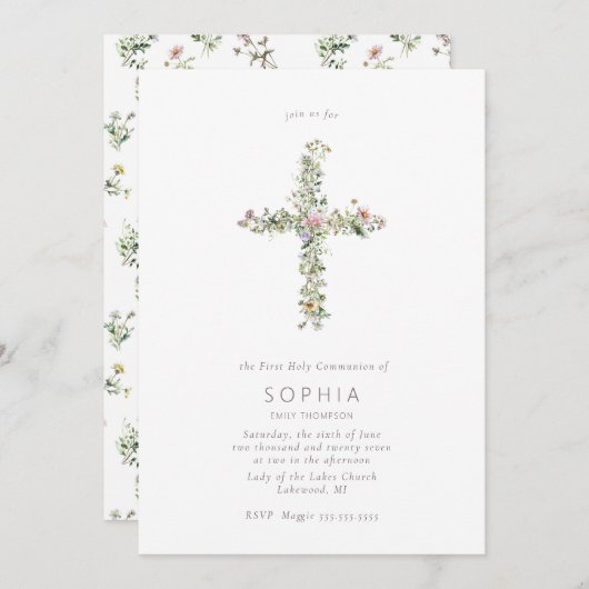 Invitation Le fleur sauvage du pré traverse la première saint (Devant / Derrière)