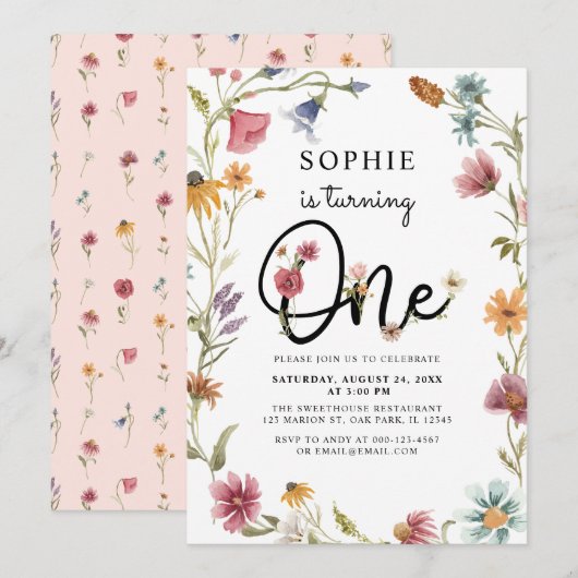 Invitation Le fleur sauvage Tourne Une Fille 1er Anniversaire (Devant / Derrière)