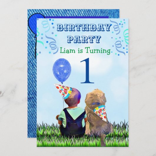 Invitation Le garçon et son chien fête d'anniversaire (Devant / Derrière)
